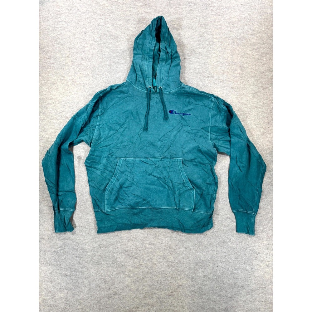 Champion Vintage Dye Hoodie Men Medium Teal Ribbed Trim Kangaroo Pocket Pullover
